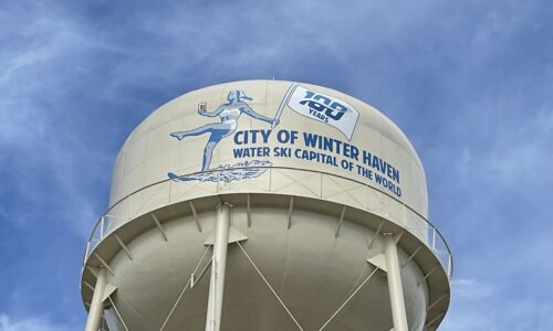 Winter Haven water tower painted with the 100th anniversary of water ski logo.