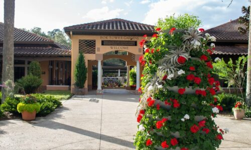 Entrance to Bok Tower Gardens decorated for the holidays