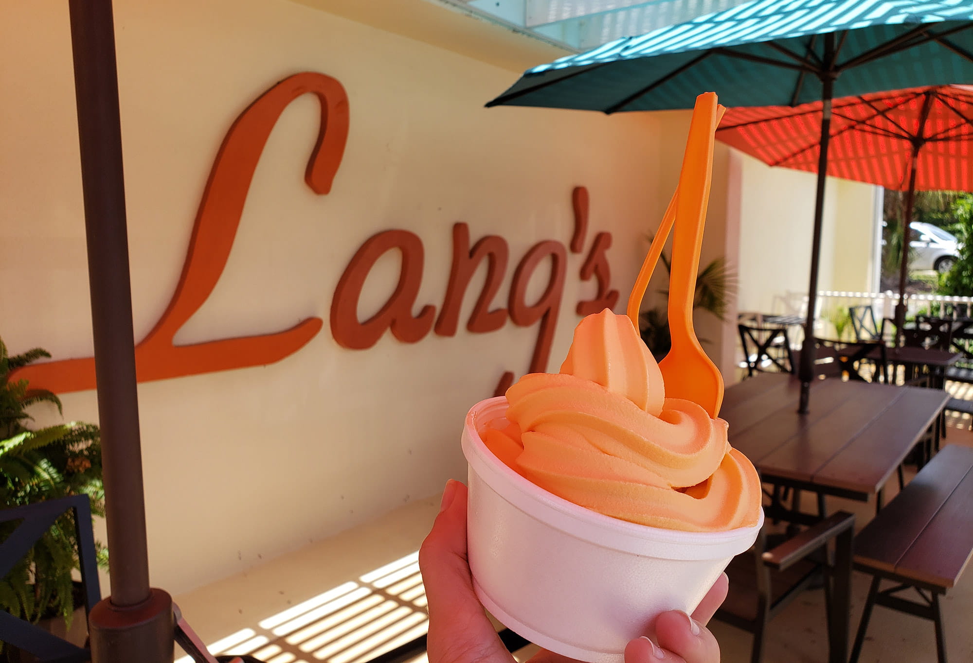 person hold up orange ice cream in front of Lang's Taste of Florida sign