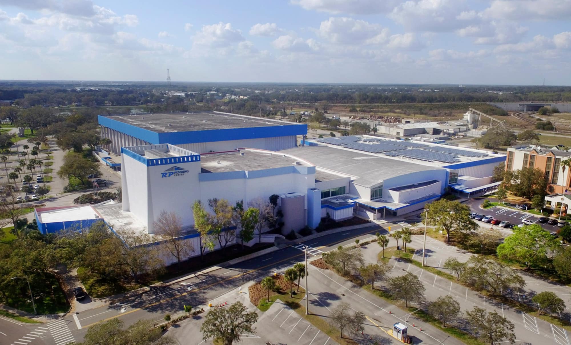 Aerial view of RP Funding Center buildings and parking lot in Lakeland, FL