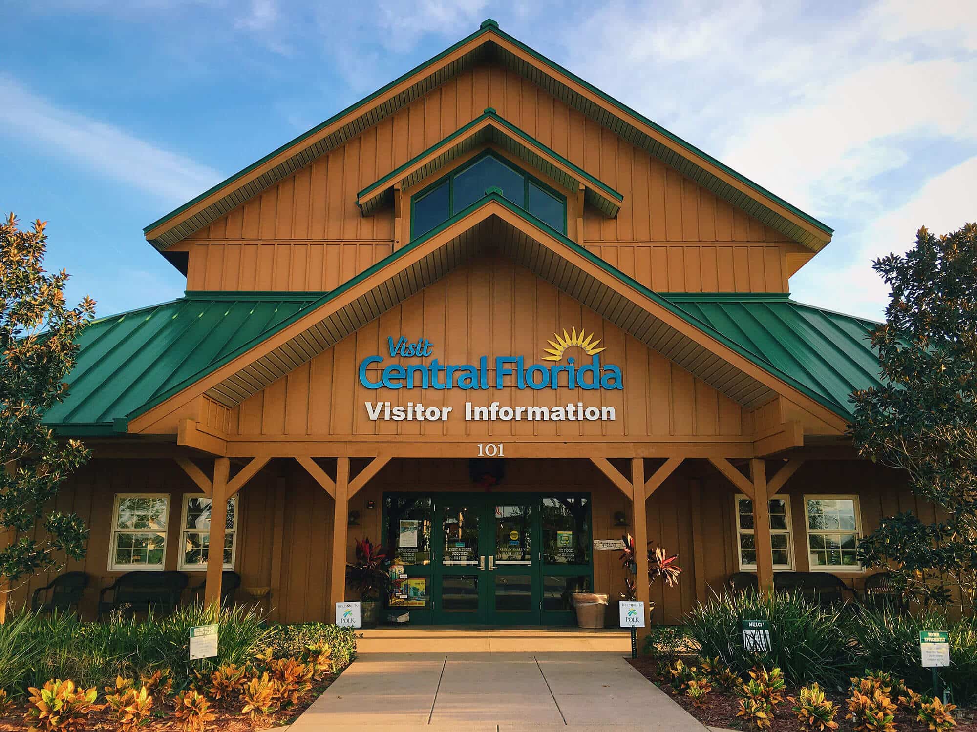 exterior of Polk County's Welcome Center in Davenport, FL. Visit Central Florida logo on front of building. This location is our main Visitor Services location.